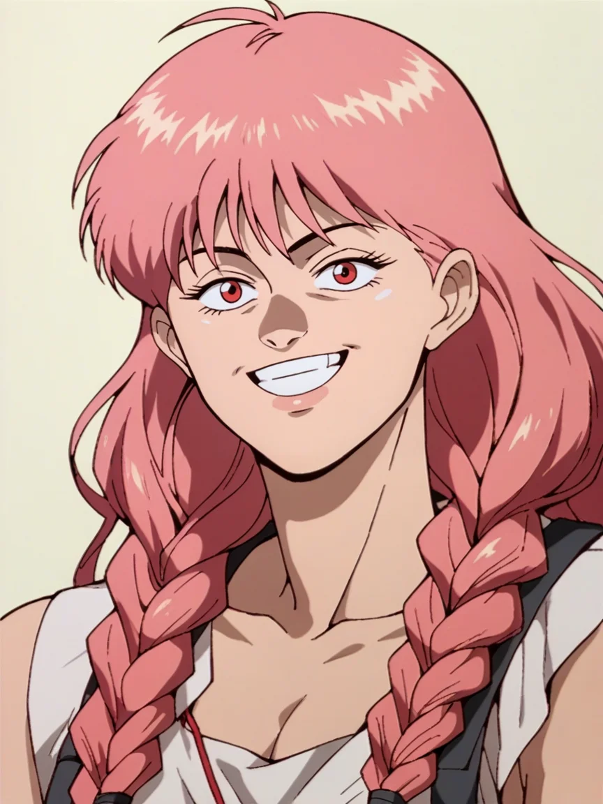 score_9, score_8_up, score_7_up, score_6_up, score_5_up, <lora:akiraXLP:1> akira, retro artstyle, 1girl, long hair, twin braids, pink hair, smile