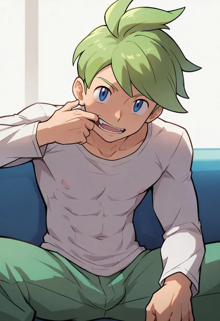 masterpiece, best quality, amazing quality, very aesthetic, Bokun art style, absurdres, newest, male focus, solo,
1boy, muscular, wally \(pokemon\), blue eyes, green hair, long sleeves shirt, green pants, mouth pull,