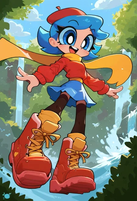 score_9, score_8_up, score_8, medium breasts, 1girl, (skinny), cute, eyelashes, firm breasts, (petite girl), rating_questionable, pretty girl, vivid colors, outdoors,
Hilda, blue hair, beret, yellow scarf, red sweater, blue skirt, leggings, red boots, happy, dynamic pose, dynamic angle, low angle, jumping, waterfall in the distance, outdoors, woods, powerpuff