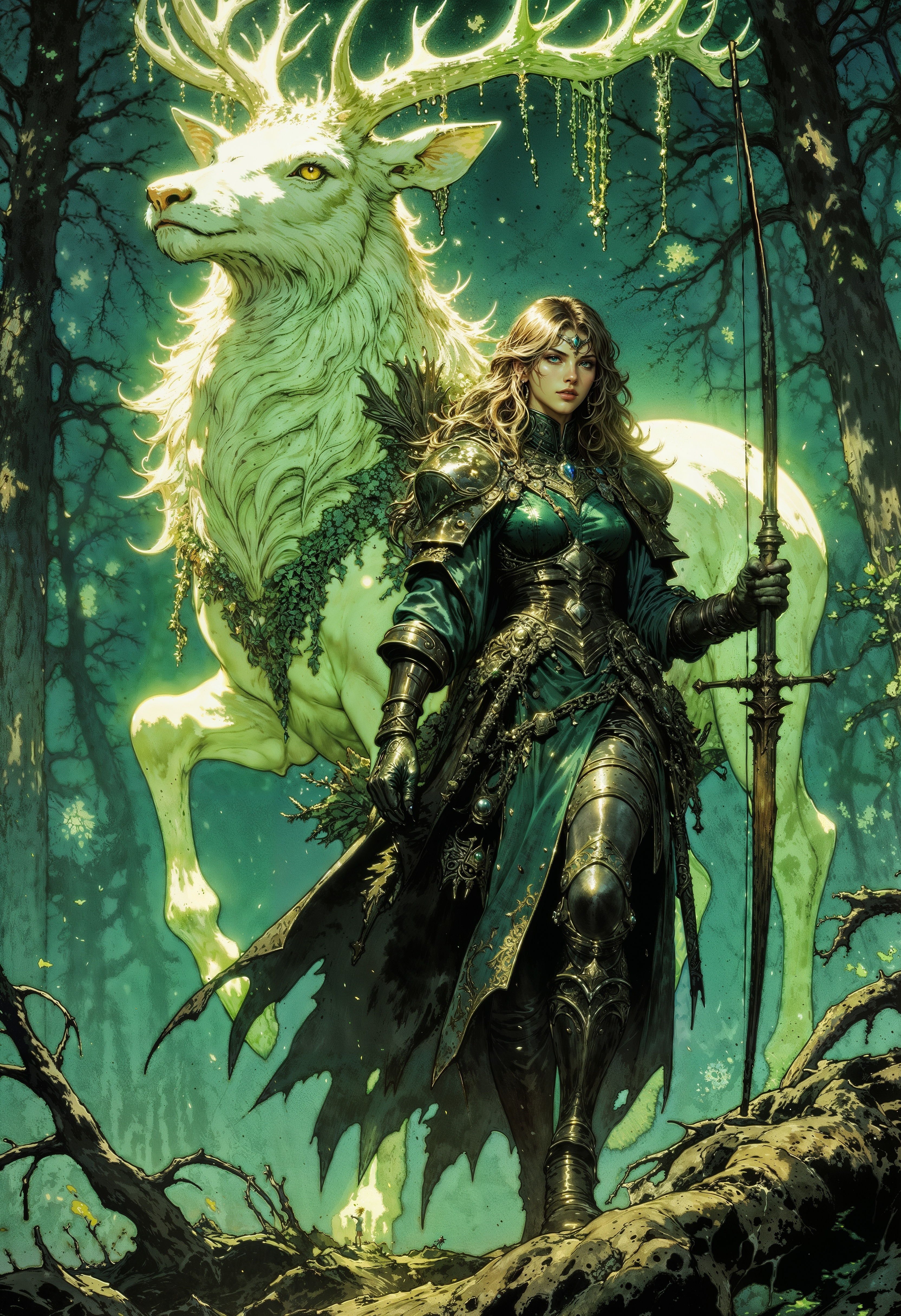 With an aura of untamed grace, the Thornwood Huntress strides through the misty forest, her dark leather armor adorned with ivy and enchanted thorns that shift and coil with her movements. Her emerald eyes shine with predatory focus, and her bow, crafted from ancient oak, hums with druidic energy. Accompanying her is a towering ghostly stag, its translucent form glowing with a soft green luminescence. The creature's massive antlers, adorned with dangling vines and spectral leaves, seem to hold the wisdom of the forest itself. Silent and watchful, they move as one, guardians of nature’s deepest and most ancient secrets. <lora:RetroAnimeFluxV1:0.6> <lora:Comic book V2:0.6> <lora:FluxMythG0thicL1nes:0.6>  <lora:Elden_Ring_-_Yoshitaka_Amano:0.6>