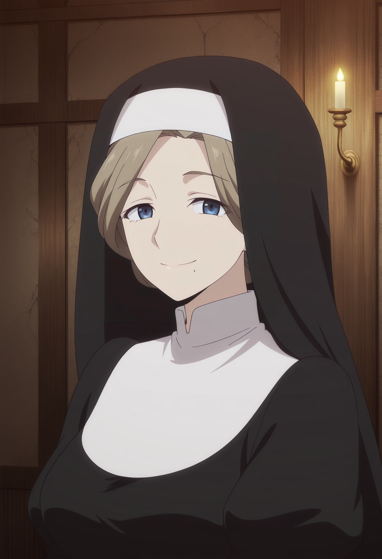 1girl,solo,mm,mature female,brown hair,mole under mouth,blue eyes,anime coloring,
nun,habit,upper body, looking at viewer, smile,indoors
,masterpiece,best quality,amazing quality,<lora:Sister-Kinsou_no_Vermeil:0.8>