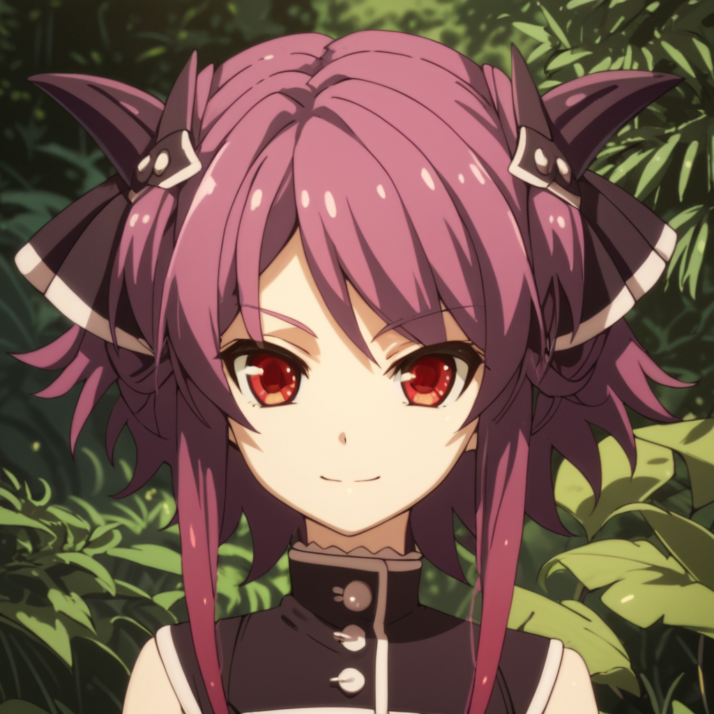 score_9, score_8_up, score_7_up, score_6_up, score_5_up, score_4_up, source_anime, , Pest, purple hair, red eyes, short hair, two side up, short hair with long locks, , soft smile, portrait