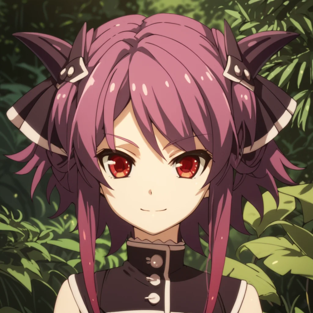 score_9, score_8_up, score_7_up, score_6_up, score_5_up, score_4_up, source_anime, , Pest, purple hair, red eyes, short hair, two side up, short hair with long locks, , soft smile, portrait