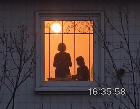 v8s, dimly lit scene through a window with decorative iron bars. Inside, a silhouette of a person is visible against an orange-hued background, softly illuminated by an overhead light. The person appears to be standing or sitting near a table, with their head slightly bent forward, obscuring detailed features and making it difficult to determine age or race. The building's exterior is clad in a grid-patterned facade, and bare branches partially frame the window, adding an element of starkness, timestamp "16:35:58"
