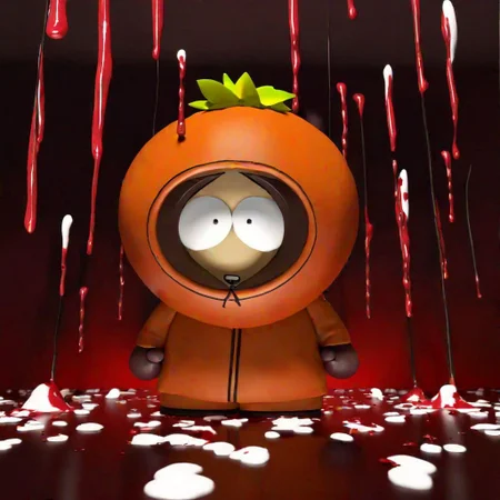 Kenny McCormick holding Two Knife walking on Jacksonville Florida with Too much Blood, SouthPark3D1024, kenny, blood, dripping blood