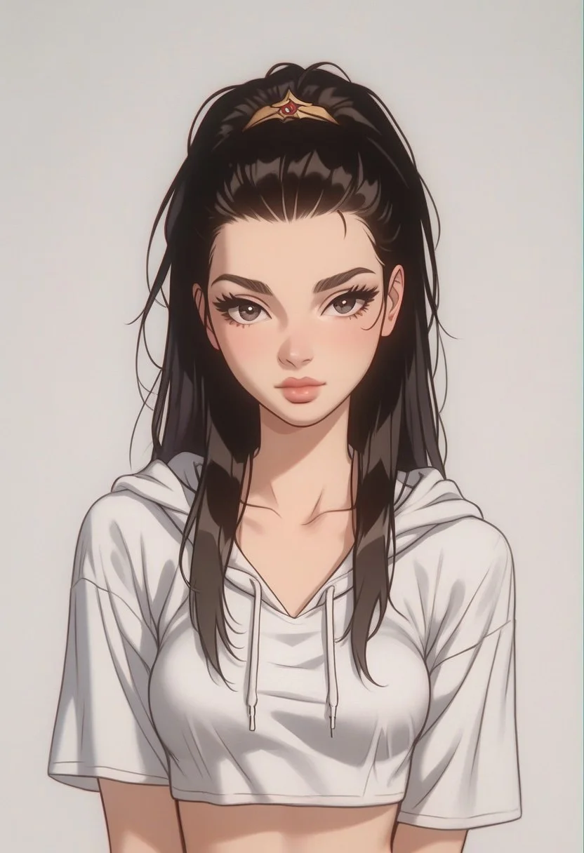 ((Score_9_up, Score_8_up, Score_7_up), (Masterpiece, Best quality, High Resolution, skindentation, Extremely Detailed, Semi realism)),
Sexy woman, Younger face, Detailed iris, Detailed eyes, Soft skin, Long erotic and lustful hair, Cute cropped hoodie, Sexy skin, Detailed sleeves, Loose cropped hoodie, Dominant expression on her face, glossy lips, Detailed hair strands , Straight long hair, Thoughtful