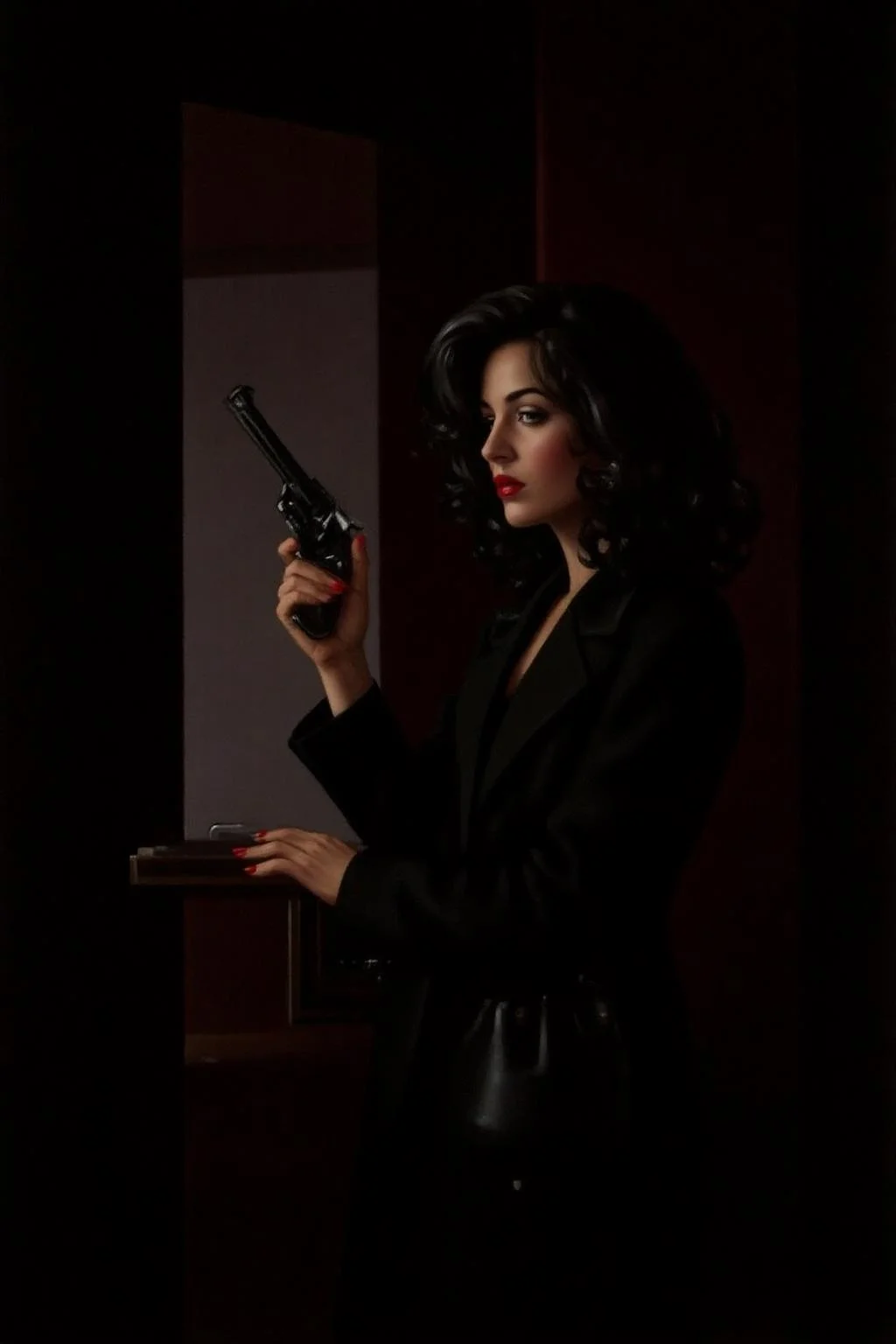 jackvettriano1 painting.
a mysterious woman with dark, wavy hair and piercing eyes stands in the shadows of a dimly lit room. She is holding a small revolver with a delicate yet firm grip. Her red lipstick is the only color that stands out in the darkness, her intentions unclear but dangerous. <lora:jackvettriano1_cap_d8a4e12:1.0><lora:851846416992057745:0>