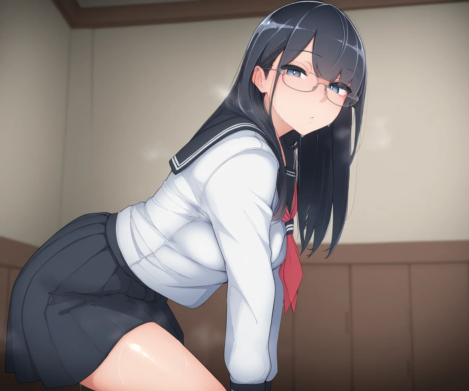 masterpiece, best quality, amazing quality, sfw, 1girl, solo, looking at viewer, shirt, sailor collar, pleated skirt, long hair, glasses, <lora:Shirabe Shiki style ILL-v2:1.2> shirabe_shiki