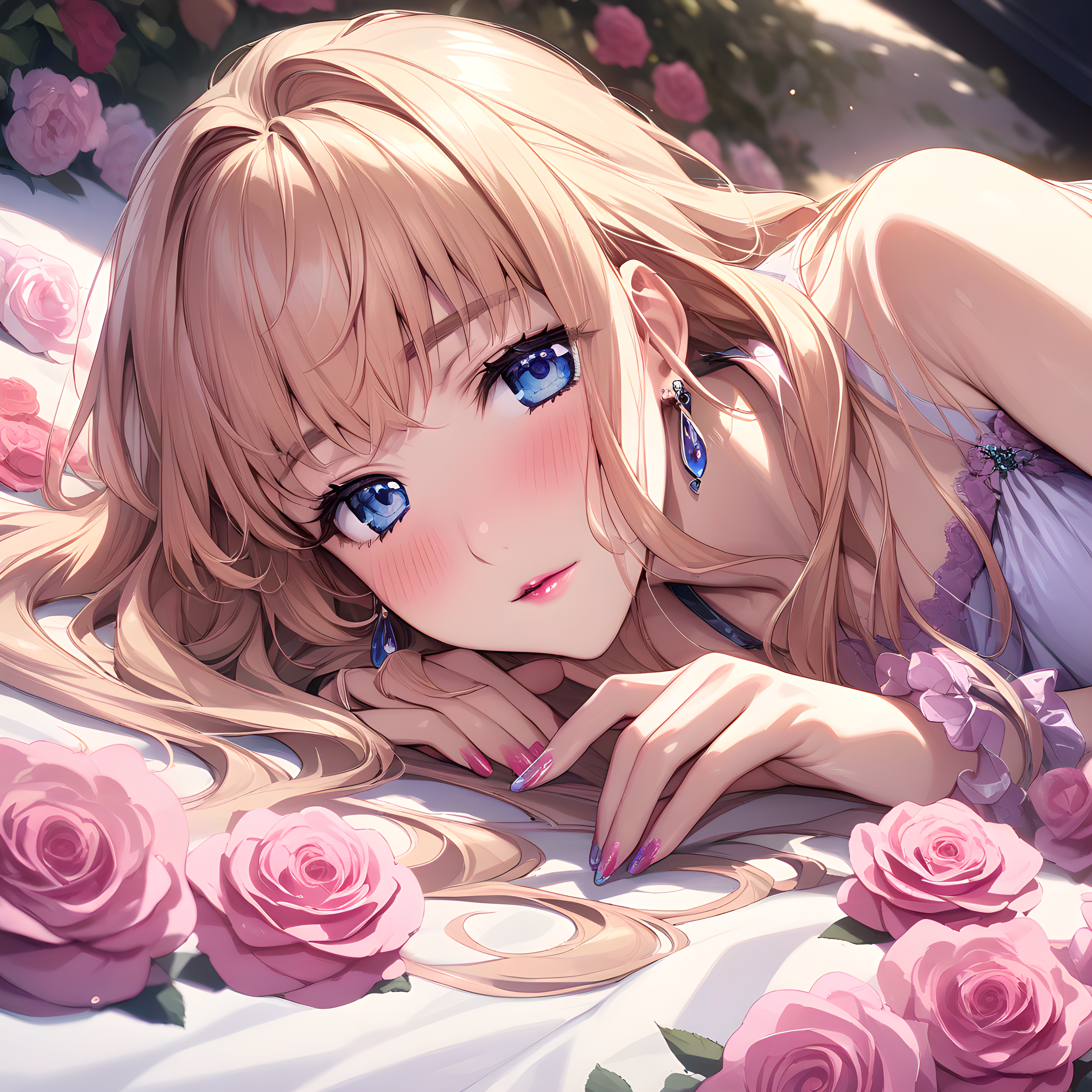 (masterpiece),(best quality),(ultra-detailed),(best illustration),(best shadow),(absurdres),(detailed background),(very aesthetic), sheryl nome, 1girl, solo, long hair, flower, blue eyes, blonde hair, rose, earrings, jewelry, nail polish, pink rose, lying, pink flower, lipstick, blush <lora:sheryl_nome:1>