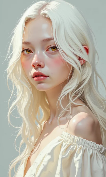 Close-up of a young woman with pale skin and long, flowing white hair.
Her skin tone is exceptionally pale, almost white, and appears smooth. Her lips are a soft, rosy pink.
Her eyes are a striking, golden-orange color. The eye color contrasts sharply with her pale complexion and white hair.
The hair is long, voluminous, and appears to have a natural wave or curl to it. It drapes around her shoulders and down her back.
She is wearing a light cream-colored or white, loose-fitting blouse, visible mainly around her shoulders and upper chest.
The lighting in the image is soft, casting no harsh shadows, which highlights the intricate details of her facial features and the texture of her hair and clothing. The background is a plain, light gray or white, which keeps the focus on the subject.
<lora:FLUX-daubrez-DB4RZ-v2:1> DB4RZ, DB4RZ style painting