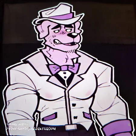 (((UhYeah mascot, muscular, purple dog man, source_furry, bara, tight waist, broad shoulders, bodybuilder, thick arms)))