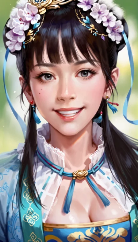score_9,score_8_up,score_7_up,
highly detailed,highres,
<lora:wangyuanji:0.8>,wangyuanji,
1girl,solo,black hair,blunt bangs,updo,low ponytail,hair ornament,purple hair flower,grey eyes,looking at viewer,grin,chinese clothes,layered blue and white fabric,intricate frills and lace,lace collar,blue ribbon,sheer robe,cleavage,
portrait,(front view:1.1),face focus,
simple background,
blurry background,