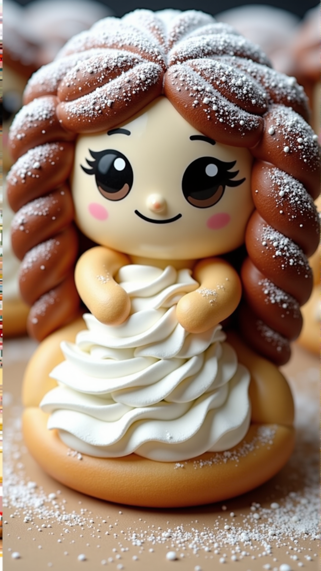 A photo of a SemlaStyle Princess Leia made entirely out of semla which made out of wheat material with whipped cream and with powdered sugar on top. Food craft.<lora:SemlaStyleFlux:1>