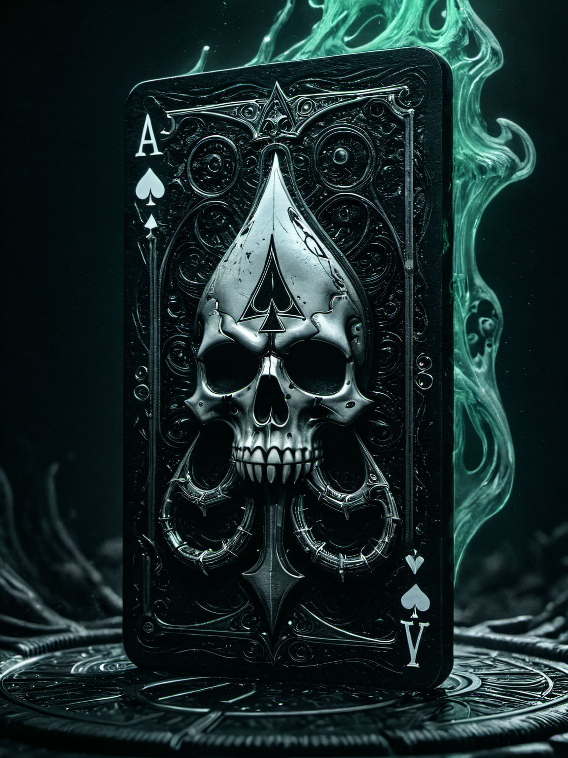 Horror-themed H.R. Giger style illustration of the Ace of Spades, glow effects, godrays, Hand drawn, render, 8k, octane render, cinema 4d, blender, dark, atmospheric 4k ultra detailed, cinematic, Sharp focus, big depth of field, Masterpiece, colors, 3d octane render, 4k, concept art, trending on artstation, hyperrealistic, Vivid colors, extremely detailed CG unity 8k wallpaper, trending on CGSociety, Intricate, High Detail, dramatic . Eerie, unsettling, dark, spooky, suspenseful, grim, highly detailed