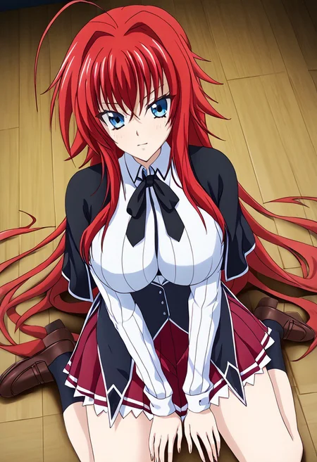 safe_pos, Masterpiece, best quality, high quality, highres, 4k, detailed face, poro style, rias gremory, red hair, blue eyes, long hair, ahoge, large breasts, kuohacademy, school uniform, black capelet, white shirt, black ribbon, neck ribbon, long sleeves, corset, red skirt, pleated skirt,
