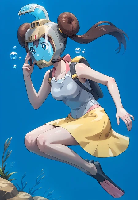 safe_pos, full body, score_9, score_8_up, score_7_up, score_6_up, score_5_up, score_4_up, source_anime, official art, long hair, brown hair, double bun, twintails, blue eyes, white pupils, medium breasts, collarbone, light-blue halterneck top, yellow sarong, (pink fins_ovwp1), bare legs, swimming, floating
BREAK
(aarosa wearing (snug fitting, head-sized(silver divehelm-tr))), (helmet overlapping chin), (helmet overlapping hair), colored face:0.45, blue face, blue glass visor, headlamp BREAK underwater cavern, seaweed, neck
BREAK hair through headwear, blue background, bubbles, BREAK snugly on head, regulator, breathing tube, (yellow oxygen tank, rebreather|backpack),