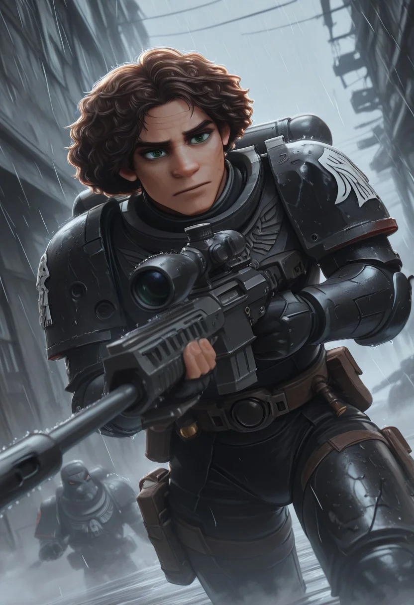 masterpiece, best quality, high quality, newest, highres,8K,HDR,absurdres, dynamic angle, realistic, 1boy, wearing edgRG_(power armor), pauldrons, raven emblem, solo, 1boy,  Camilo Madrigal, a handsome young man, m1l0th, C4milo M4drig4l, brown hair, afro, curly hair, hazel green eyes, perfect eyes,  holding a sniper, silhouette, creepy, backlit, haunted, lightnings and thunders, rain, rainy, fog, mist, cold, dutch angle, dark interior, solo, close up, mid shot, dutch angle, <lora:edgIllustriousXL_Raven_Guard:1>