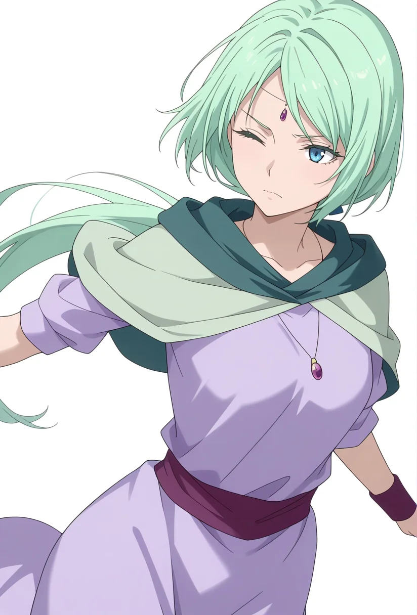 Smooth Quality,masterpiece,very intricate, high quality details, ultra realistic, high detailed skin,detailed enviorement,absurdres,
simple background, white background,solo,
dutch angle,dancing, 
wince,
 <lora:Mjurran_cnn:0.7> mjurrancnn,1girl, short hair, green hair, blue eyes, frown,necklace, forehead jewel,low ponytail + long hair,purple dress,green capelet,cape, wristband,