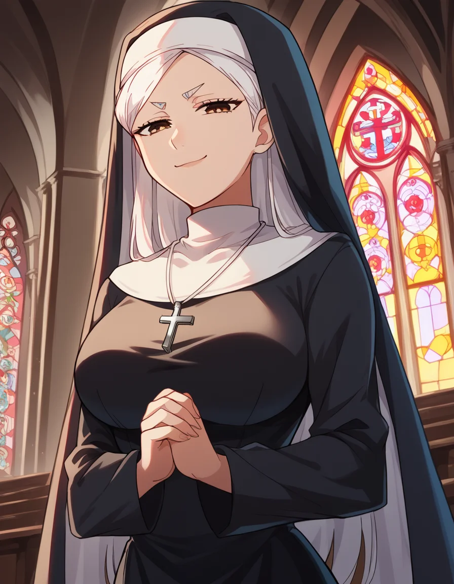 score_9, score_8_up, score_7_up, source_anime, <lora:seiko-ayase-alpha-ponyxl-lora-nochekaiser:1>, seiko ayase, long hair, large breasts, white hair, brown eyes,, <lora:traditional-nun-ponyxl-lora-nochekaiser:1>, traditional nun, nun, habit, long sleeves, dress, black dress, jewelry, black veil, cross, cross necklace,, church, smug, praying,, , dutch angle, cowboy shot