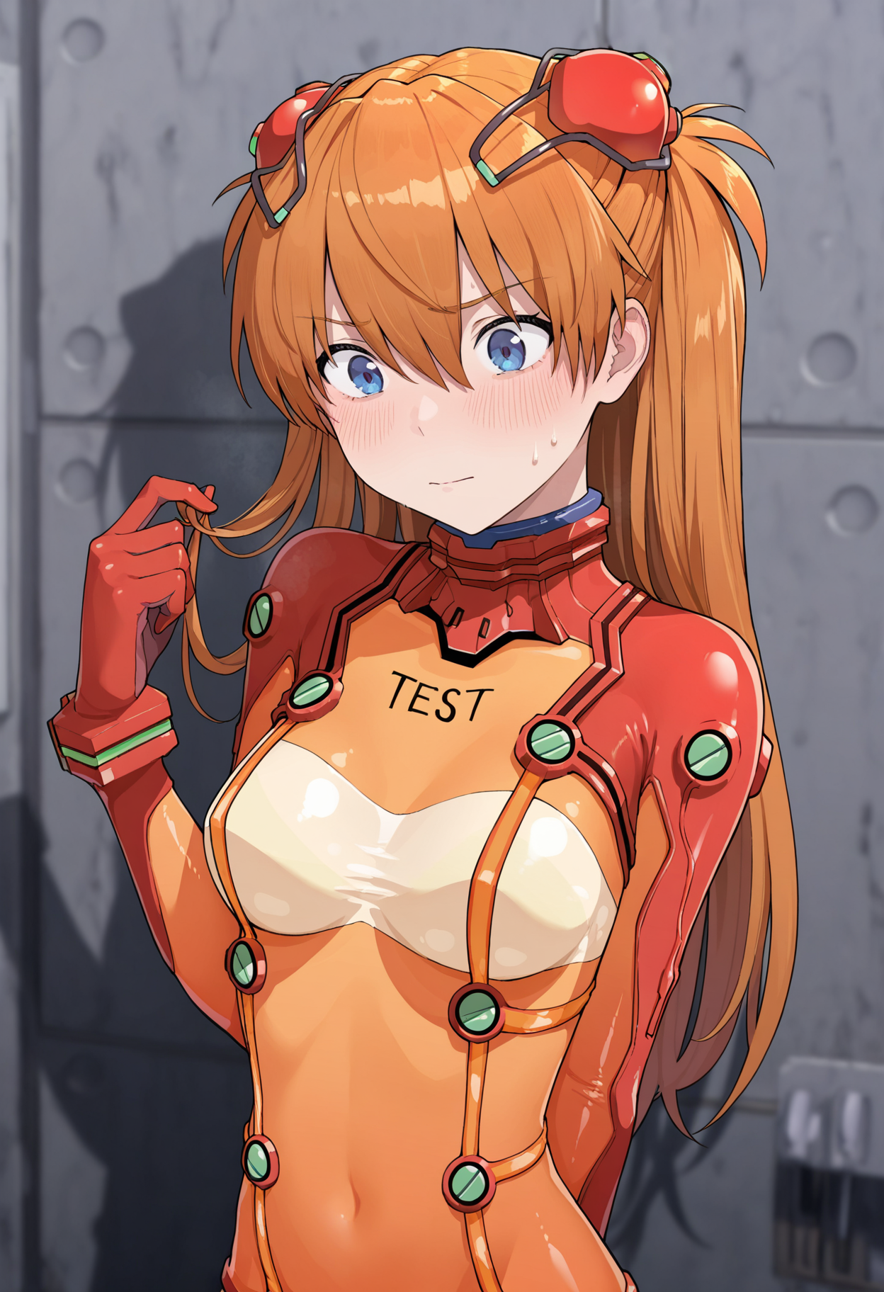 masterpiece,best quality,amazing quality,
1girl, souryuu asuka langley, plugsuit, solo, test plugsuit, red bodysuit, blue eyes, long hair, orange hair, bodysuit, blush, orange bodysuit, breasts, interface headset, multicolored clothes, upper body, multicolored bodysuit, arm behind back, hairpods, hair between eyes, hair twirling, bangs, sweatdrop, playing with own hair, bracer, hand up, medium breasts, covered navel, hair ornament, small breasts, clothes writing,
<lora:Kindatsu_epoch_10:1>