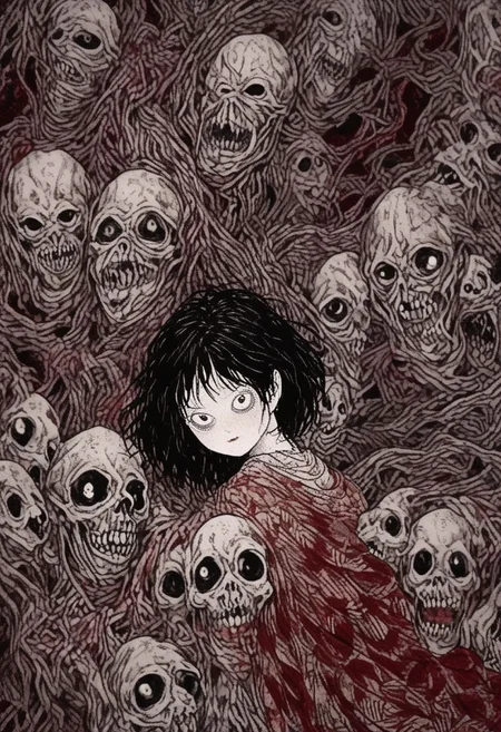 horror painting , young woman cradling a skull surrounded by endless blood red velvet blankets , in the style of takato yamamoto , <lora:takma2:1>