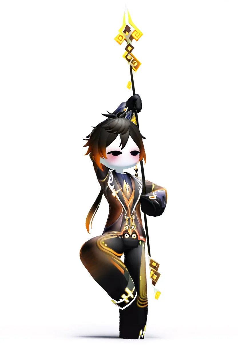 3d,solid circle eyes, black eyes, no mouth, blush, 1boy, solo, tall, [[half-closed eyes]], (zhongli \(genshin impact\)), fighting stance, (holding spear), white background, simple background, masterpiece, best quality
