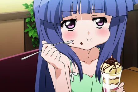 higurashikira, anime screencap, anime coloring, 1girl, solo, furude rika, petite, blue hair, purple eyes, long hair, bangs, flat chest, sundress, green dress, spaghetti strap, collarbone, blush, upper body, eating, holding spoon, food, chocolate, chocolate syrup, cup, ice cream, parfait, bored, looking to the side,  
(atmospheric perspective),  
(masterpiece, best quality, absurdres, highres, newest, very awa:1.2), 