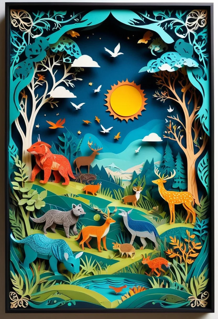 3D papercut shadow box of a parallel universe where animals have evolved to use technology, Patchwork Style, layered, dimensional, depth, silhouette, shadow, handmade, by various contemporary artists.
concept-art, fantasy, epic, majestic, magical, dreamy, perspective, light and shadow, moody, epic,
beautiful, painterly, aesthetic, textural, vivid, vibrant, intricate details, highly detailed, ultra-detailed, absurdres,
aid291, ptchkrawk , Jed-pprct