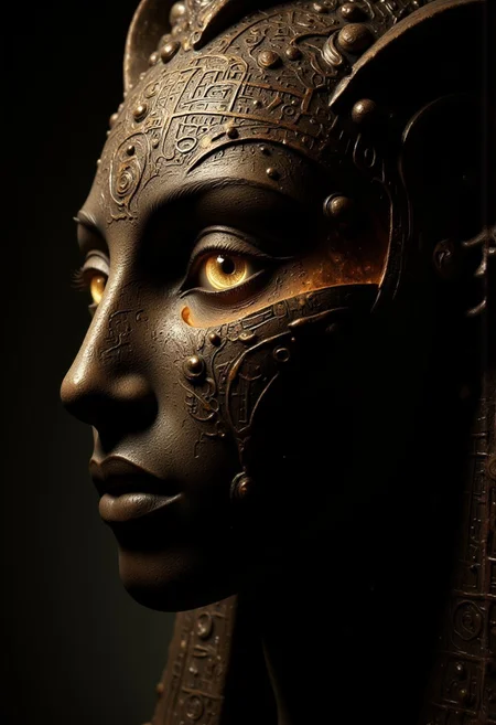An ultra close-up portrait of an Ancient Egyptian deity, showing just over half of the face, framed asymmetrically from the left. The head is tilted slightly upward, creating an intimate, mystical perspective. The head is a hollow, featureless piece of carved wood, shaped into a smooth, rounded form without facial features. Only the left half of the wooden head is visible, showing the rich texture of polished wood with faint carved patterns resembling ancient hieroglyphs. In the center of the forehead, there is a prominent Eye of Ra-shaped cutout, its edges smooth and precise, symbolizing divine vision and protection. The void is hollow and dark, but a dim golden light glows softly within, casting narrow rays through the Eye of Ra-shaped cutout. The light is subtle and ethereal, giving the void a divine, mystical aura. The wooden surface is smooth and polished, reflecting the soft golden light faintly. The Eye of Ra-shaped void draws the viewer’s gaze into the empty darkness within, symbolizing divine knowledge and cosmic vision. The background is shadowy and minimal, fading into darkness, ensuring the focus remains on the wooden head and the dim golden light. The contrast between the ancient, divine symbol and the modern, surreal void creates a haunting narrative of spiritual power and divine emptiness.