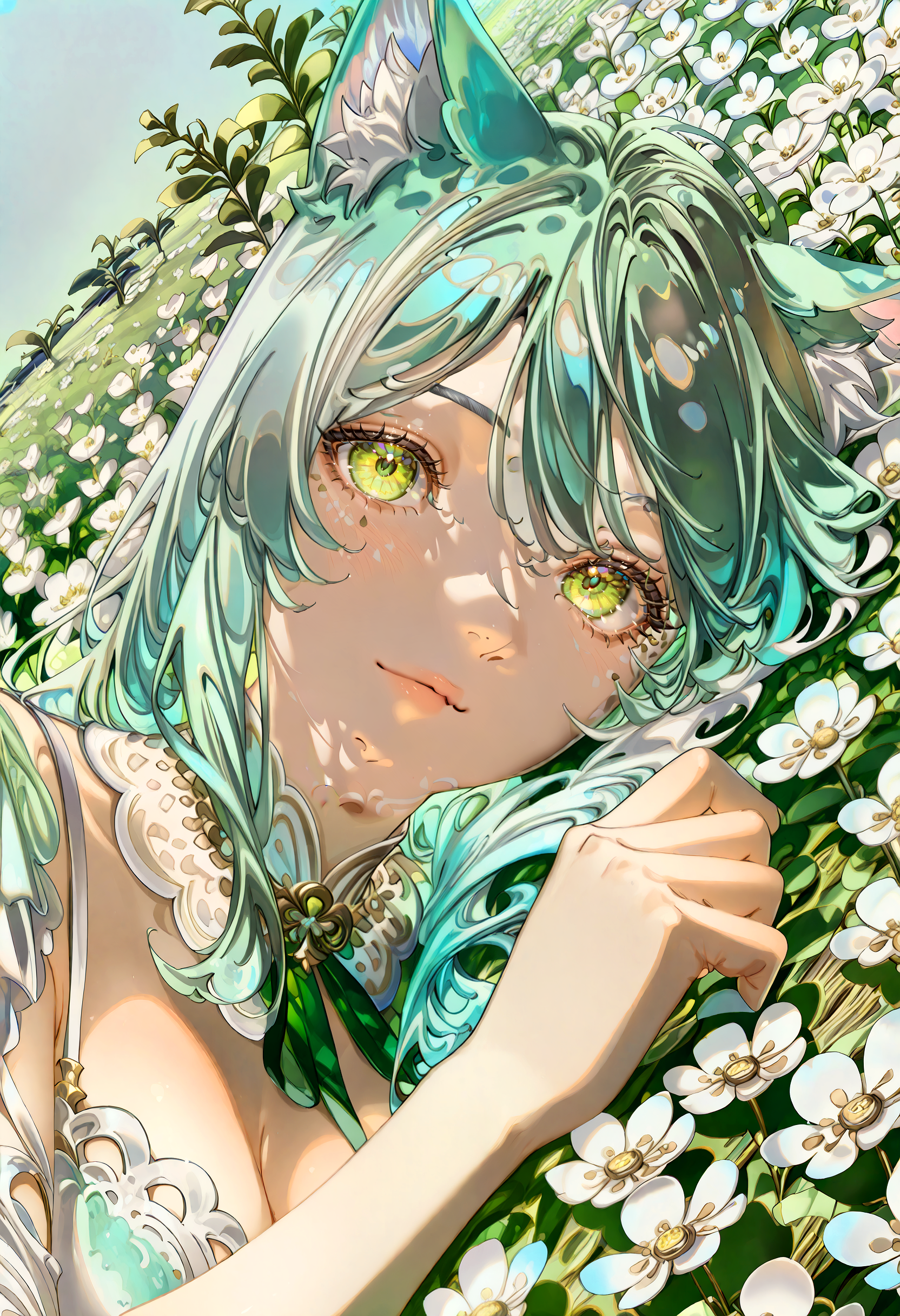 (cat ears:1.5)1girl,solo,A serene, ethereal illustration of a girl with pointed ears lying in a lush green meadow,long hair,line art, wavy hair, adorned with small white flowers, and vibrant green eyes gazing skyward. Sunlight filters through the foliage, casting soft shadows on face, creating a tranquil and dreamlike atmosphere surrounded by vibrant greenery. (by yuumei:1.4)trending on artstation, illuminated face,(close up:1.2)  nyonku  detailed background, detailed foreground,detailed clothing,  detailed hair,masterpiece, best quality,detailed eyes, detailed skin,skin folds,light particles, bokeh,volumetric lighting, dramatic lighting,cinematic,dark,shadow, shallow depth of field, natural light,cinematic shading