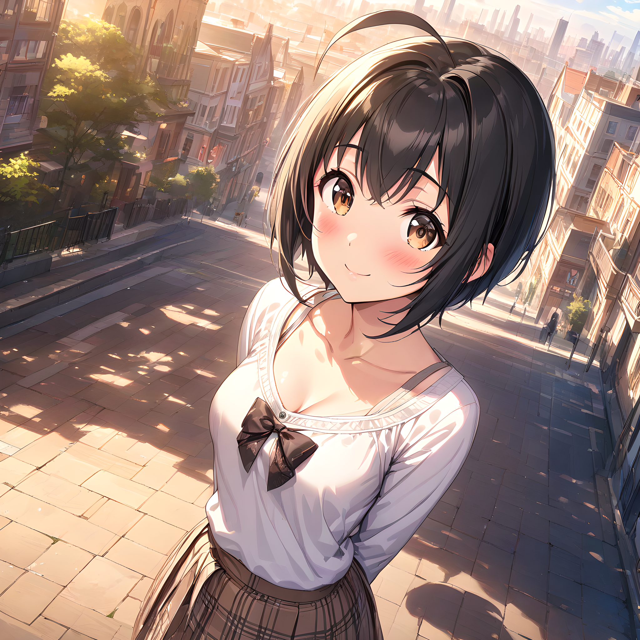 (masterpiece),(best quality),(ultra-detailed),(best illustration),(best shadow),(absurdres),(detailed background),(very aesthetic),  miho kohinata, 1girl, solo, ahoge, black hair, smile, short hair, brown eyes, skirt, looking at viewer,city background, arms behind back, collarbone, bow, blush <lora:Miho_Kohinata:1>