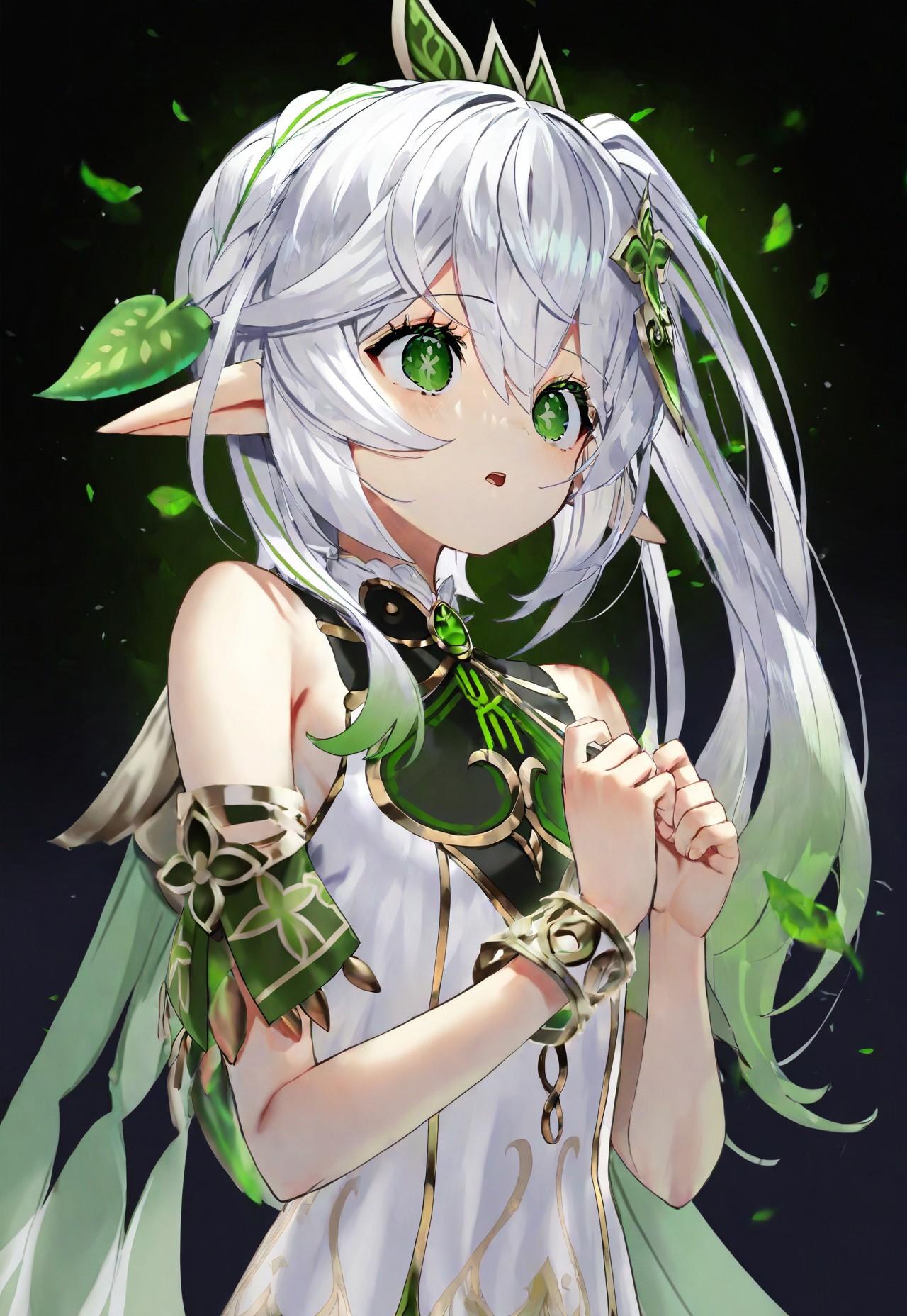safe_pos, scottie \(phantom2\), genshin impact, nahida \(genshin impact\), 1girl, bare shoulders, bracelet, braid, breasts, cape, crown braid, dress, gradient hair, green cape, green eyes, green hair, hair ornament, jewelry, leaf, leaf hair ornament, long hair, multicolored hair, open mouth, pointy ears, side ponytail, sidelocks, sleeveless, sleeveless dress, small breasts, solo, symbol-shaped pupils, white dress, white hair, dark background, panic