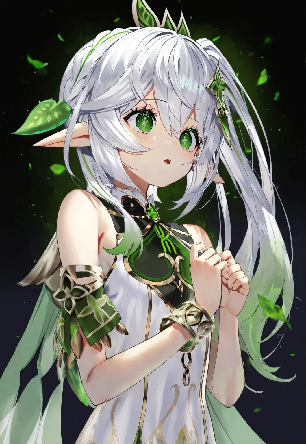 safe_pos, scottie \(phantom2\), genshin impact, nahida \(genshin impact\), 1girl, bare shoulders, bracelet, braid, breasts, cape, crown braid, dress, gradient hair, green cape, green eyes, green hair, hair ornament, jewelry, leaf, leaf hair ornament, long hair, multicolored hair, open mouth, pointy ears, side ponytail, sidelocks, sleeveless, sleeveless dress, small breasts, solo, symbol-shaped pupils, white dress, white hair, dark background, panic