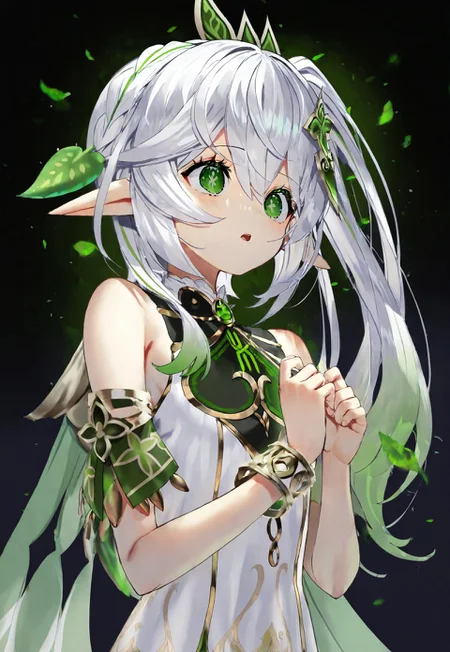safe_pos, scottie \(phantom2\), genshin impact, nahida \(genshin impact\), 1girl, bare shoulders, bracelet, braid, breasts, cape, crown braid, dress, gradient hair, green cape, green eyes, green hair, hair ornament, jewelry, leaf, leaf hair ornament, long hair, multicolored hair, open mouth, pointy ears, side ponytail, sidelocks, sleeveless, sleeveless dress, small breasts, solo, symbol-shaped pupils, white dress, white hair, dark background, panic
