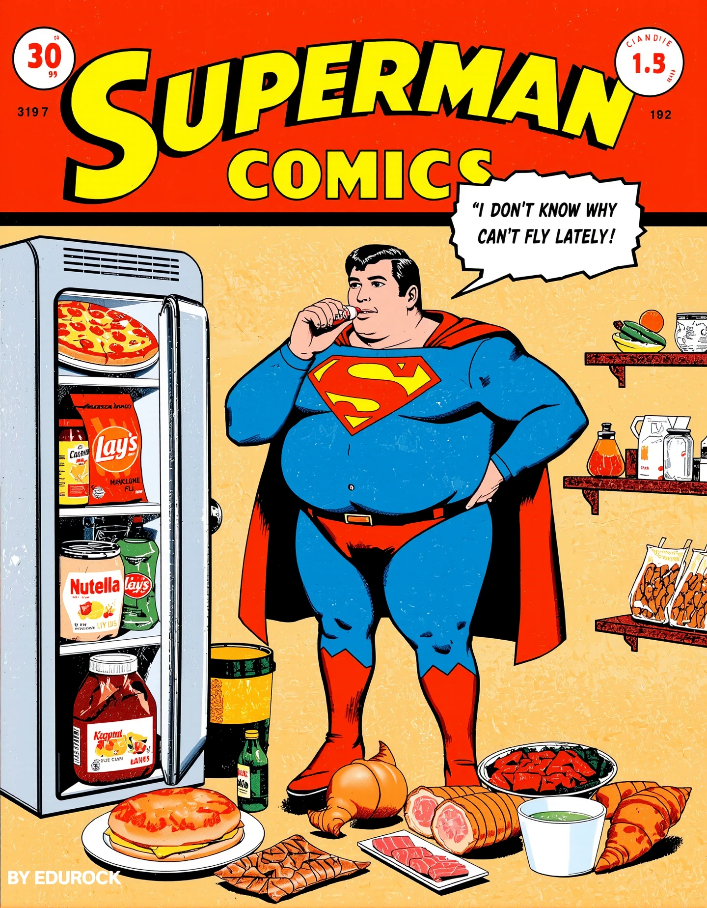 superman vintage comic cover "SUPERMAN" subtitle bold:"COMICS" fat handsome superman, drinking coke, speech bubble saying bold "I DON'T KNOW WHY CAN'T FLY LATELY", refrigerator, pizzas, hamburguer, lay's chips, nutella, sandwich, croissant, cookies, ketchup, meat,  chicken thighs, food on the floor, bottom text "BY EDUROCK"<lora:Hand v2:1> <lora:Anti-Blur:1>  <lora:RomanceBookCover01-00_CE_FLUX_128AIT:1> rmcebkCE style