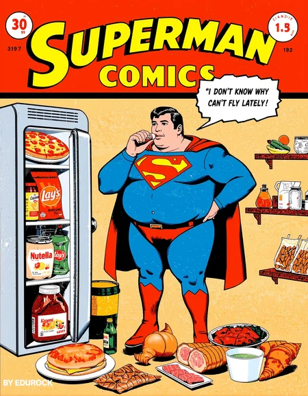 superman vintage comic cover "SUPERMAN" subtitle bold:"COMICS" fat handsome superman, drinking coke, speech bubble saying bold "I DON'T KNOW WHY CAN'T FLY LATELY", refrigerator, pizzas, hamburguer, lay's chips, nutella, sandwich, croissant, cookies, ketchup, meat, chicken thighs, food on the floor, bottom text "BY EDUROCK"<lora:Hand v2:1> <lora:Anti-Blur:1> <lora:RomanceBookCover01-00_CE_FLUX_128AIT:1> rmcebkCE style