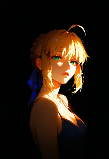 1girl,Saber (Fate/Stay Night), lips, thin lips, parted lips, solo, looking at viewer, camisole, upper body, dark, underlightling, masterpiece, best quality, very aesthetic