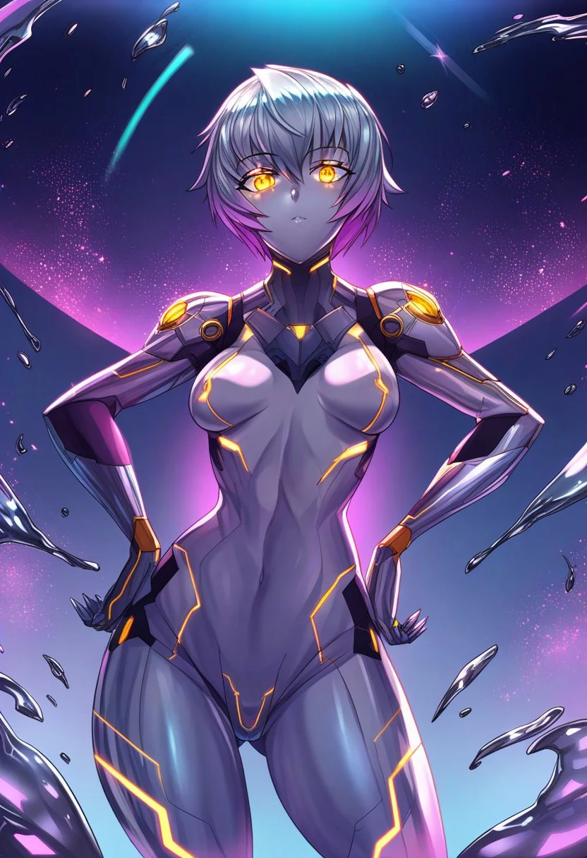 score_9, score_8_up, score_7_up, score_6_up, score_5_up, score_4_up, 2D, ibenz,
BREAK
1girl, liquid mercury, solo,
silver body, short hair, silver hair,
((yellow lines, yellow eyes, glowing eyes)), ((petite, small breasts, short height)),
confident pose, hands on hips,
(cyberspace) black background, blue energy lines, blue code, detailed background,