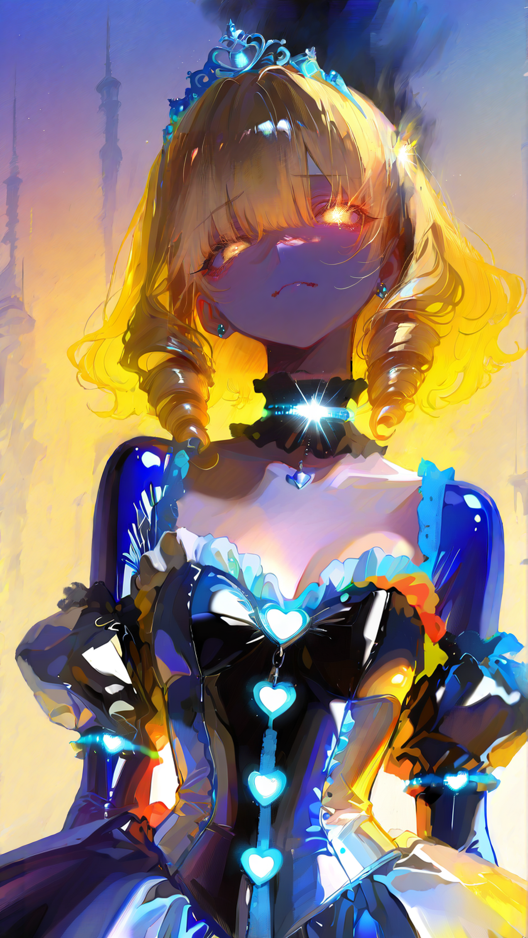 masterpiece, newest,absurdres,incredibly absurdres, best quality, amazing quality, very aesthetic, surreal, painterly,
1girl, shiny blue latex, blonde hair, drill hair, multicolored dress, cinderella bust, diadem, gradient sky, despair,
 <lora:HassaKu_style:1>HassaKu_illu  <lora:XXX477:0.6> xxx667_illu, glowing,