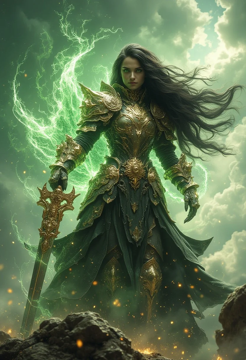 "A mighty warrior stands upon a hill, in a landscape filled with beauty and light like that of an Elysian paradise. She has long, black hair that glows with energy, strands dancing in the air as if infused with magic. Her piercing eyes reflect an otherworldly strength, while her face exudes wisdom and determination. She wears divine chrome armor with intricately designed ornate details and gold accents. The armor is highly detailed with sharp edges and a mystical, emerald green glow emanating from several points, particularly around her shoulders and chest. In her left hand, she holds a massive, ornate sword, crackling with an ethereal golden aura. The angelic Elysian environment emits a powerful energy of light that envelops the scene in epic fashion.