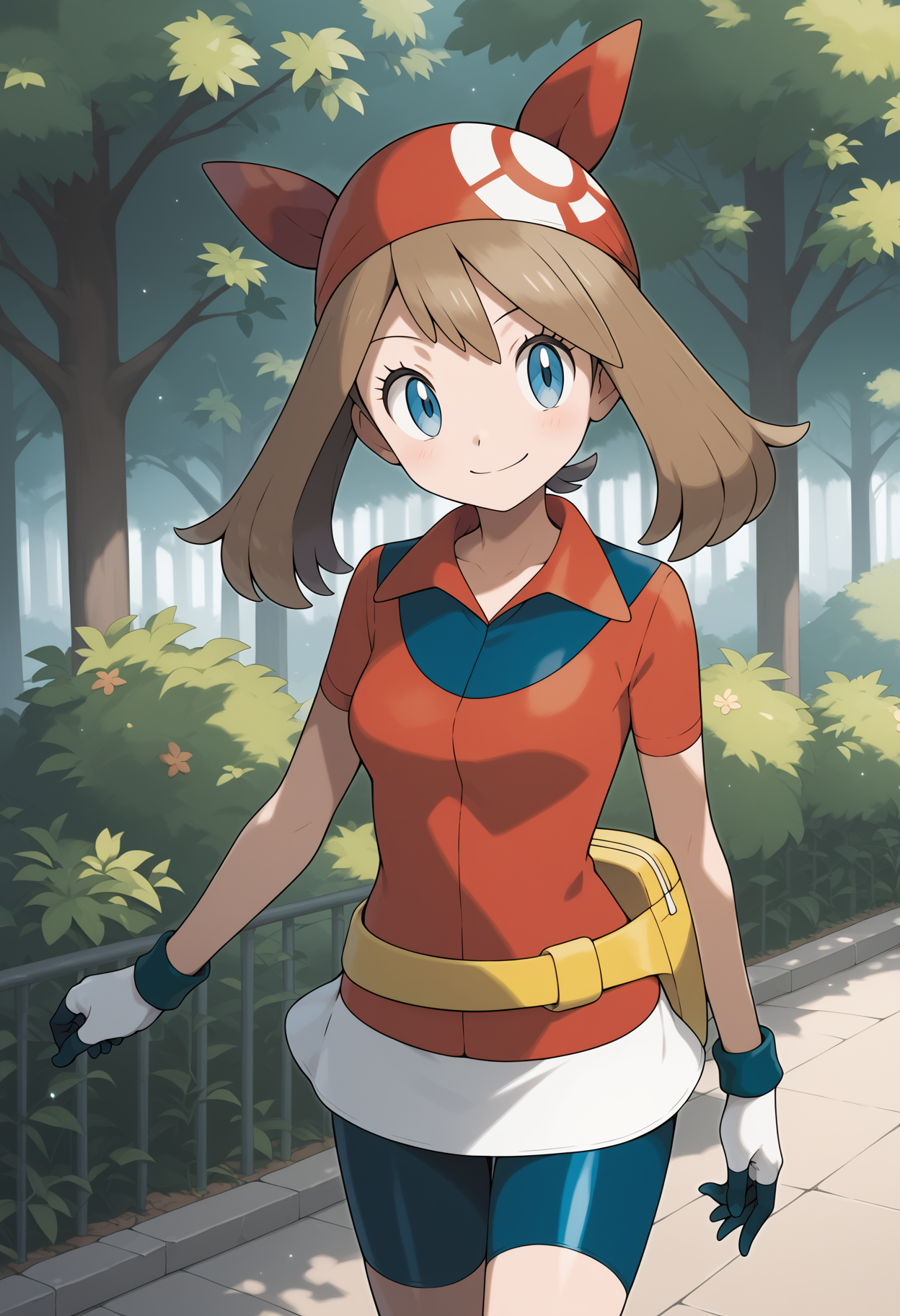 score_9, score_8_up, score_7_up, score_6_up, score_5_up, score_4_up, source_anime, aamay, brown hair, red bandana, blue eyes, breasts, collared shirt, red shirt, short sleeves, gloves, fanny pack, yellow belt, white skirt, bike shorts under skirt, bike shorts, <lora:may_(pokemon)_ponyxl_v1:0.9>, outdoors, park, standing, cowboy shot, smile,