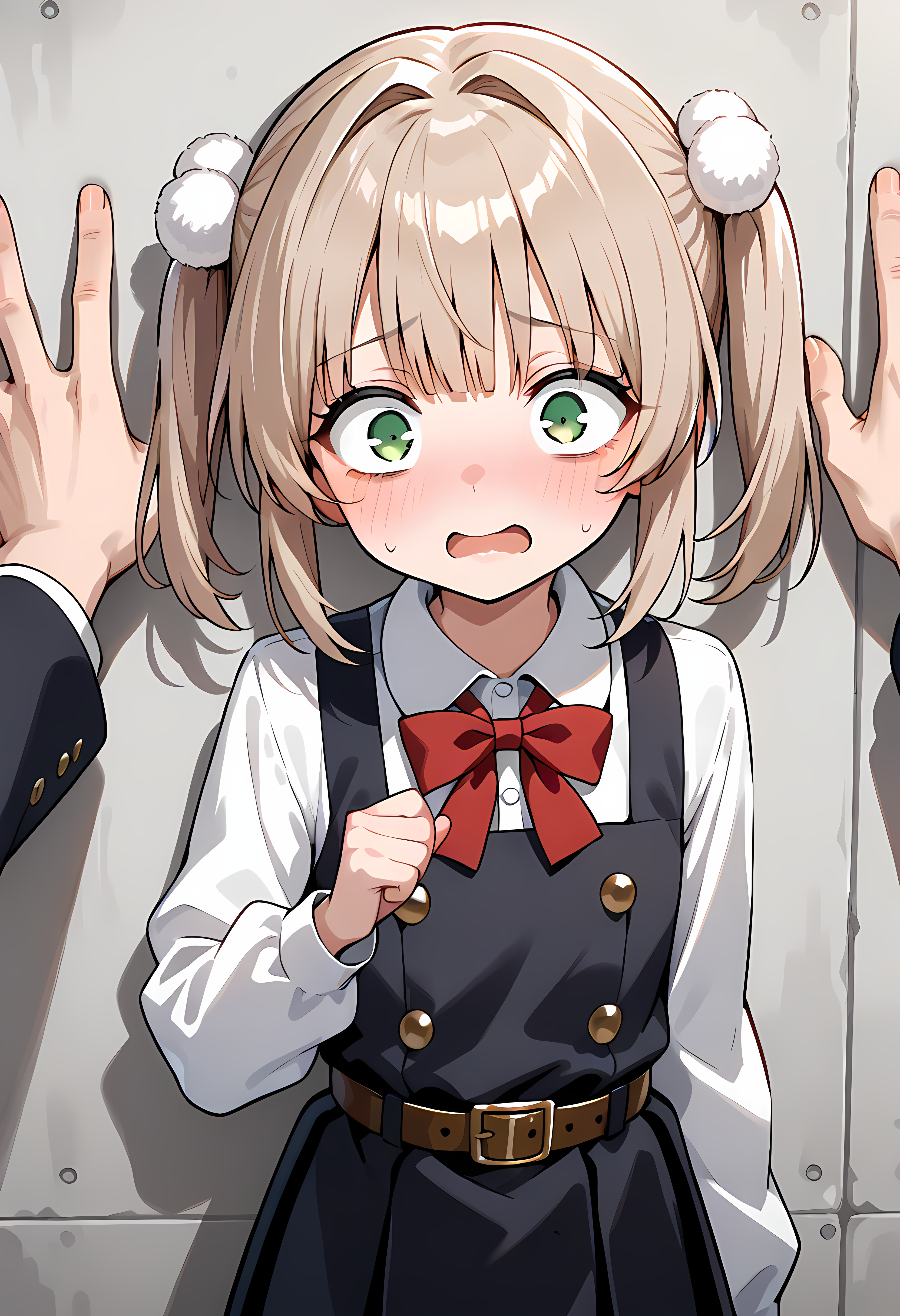 <lora:Shigure Ui_ill:1>,school uniform,red bow,collared shirt,white shirt,long sleeves,belt,black dress,sleeveless dress,pleated dress,pinafore dress,flat chest,,short hair,light brown hair,twintails,pom pom hair ornament,hair intakes,bangs,green eyes,UiShigure ,<lora:add-detail-xl:1>,masterpiece,best quality,amazing quality,very aesthetic,absurdres,newest,huge filesize,<lora:spo_sdxl_10ep_4k-data_lora_webui:0.5>,solo <lora:KabedompovPonyXL:1> kabedon,pov hands,,Scared girl,shocked expression,wide eyes,startled