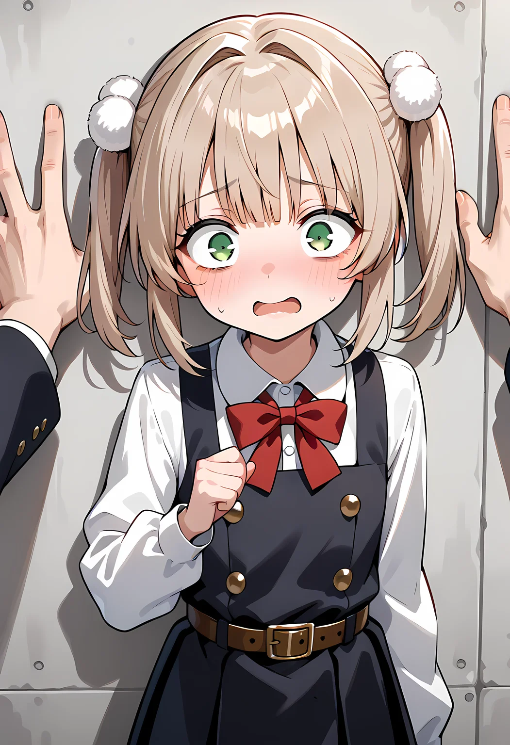 <lora:Shigure Ui_ill:1>,school uniform,red bow,collared shirt,white shirt,long sleeves,belt,black dress,sleeveless dress,pleated dress,pinafore dress,flat chest,,short hair,light brown hair,twintails,pom pom hair ornament,hair intakes,bangs,green eyes,UiShigure ,<lora:add-detail-xl:1>,masterpiece,best quality,amazing quality,very aesthetic,absurdres,newest,huge filesize,<lora:spo_sdxl_10ep_4k-data_lora_webui:0.5>,solo <lora:KabedompovPonyXL:1> kabedon,pov hands,,Scared girl,shocked expression,wide eyes,startled