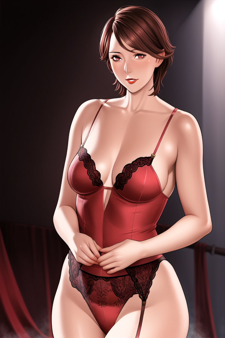 a beautiful woman, Red-violet garter belt, Chestnut Brown hair, cut-in, stage, realism, <lora:Takasugi Kou:0.7>