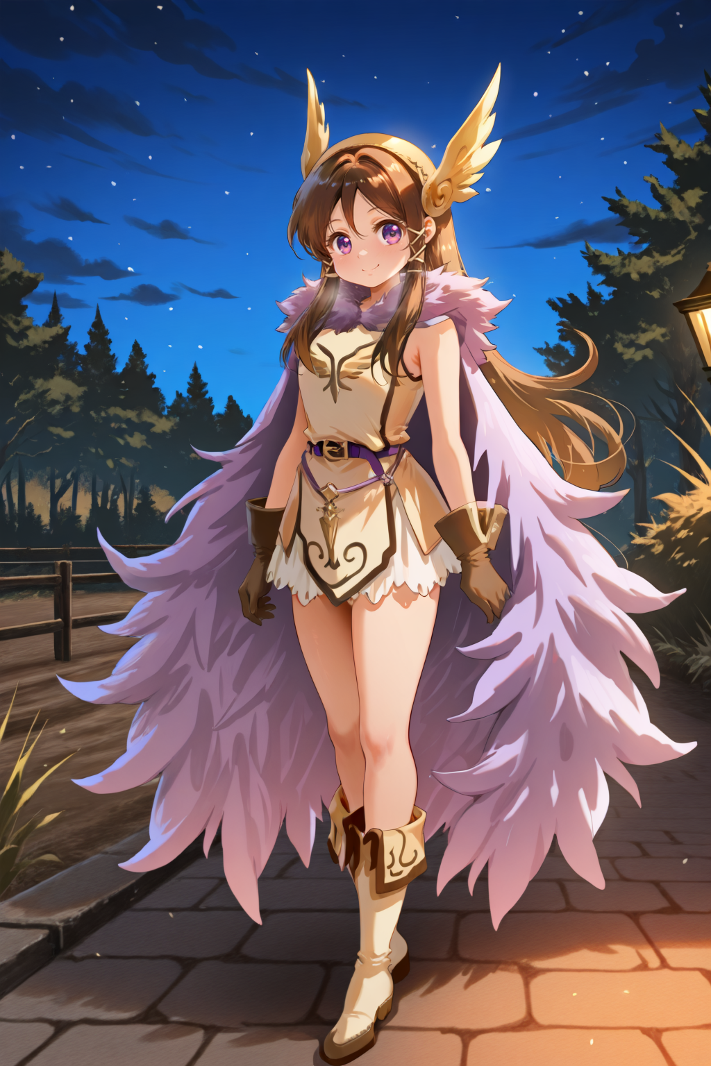 masterpiece, very aesthetic, absurdres, best quality, amazing quality, high resolution, newest, very awa, <lora:illustrious_quality_modifiers_masterpieces_v1:0.8> , <lora:ChamIllustriousBackgroundEnhancer:0.5>,  (solo),    <lora:ValkyrieYggdraIL:0.95> , by jokanhiyou, valkdef, 1girl, purple eyes, brown hair, long hair, winged hairband, fur cloak, tunic, purple belt, gloves, yellow boots, full body, exterior, valkyrie, night, battlefield, smile, looking at viewer,