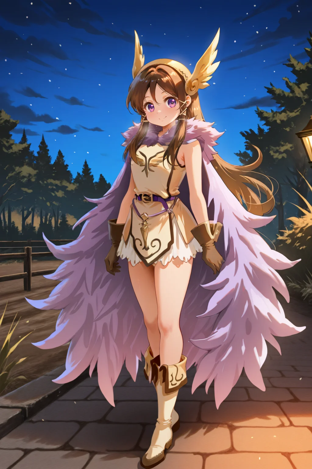 masterpiece, very aesthetic, absurdres, best quality, amazing quality, high resolution, newest, very awa, <lora:illustrious_quality_modifiers_masterpieces_v1:0.8> , <lora:ChamIllustriousBackgroundEnhancer:0.5>,  (solo),    <lora:ValkyrieYggdraIL:0.95> , by jokanhiyou, valkdef, 1girl, purple eyes, brown hair, long hair, winged hairband, fur cloak, tunic, purple belt, gloves, yellow boots, full body, exterior, valkyrie, night, battlefield, smile, looking at viewer,