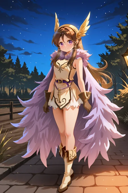 masterpiece, very aesthetic, absurdres, best quality, amazing quality, high resolution, newest, very awa, <lora:illustrious_quality_modifiers_masterpieces_v1:0.8> , <lora:ChamIllustriousBackgroundEnhancer:0.5>,  (solo),    <lora:ValkyrieYggdraIL:0.95> , by jokanhiyou, valkdef, 1girl, purple eyes, brown hair, long hair, winged hairband, fur cloak, tunic, purple belt, gloves, yellow boots, full body, exterior, valkyrie, night, battlefield, smile, looking at viewer,