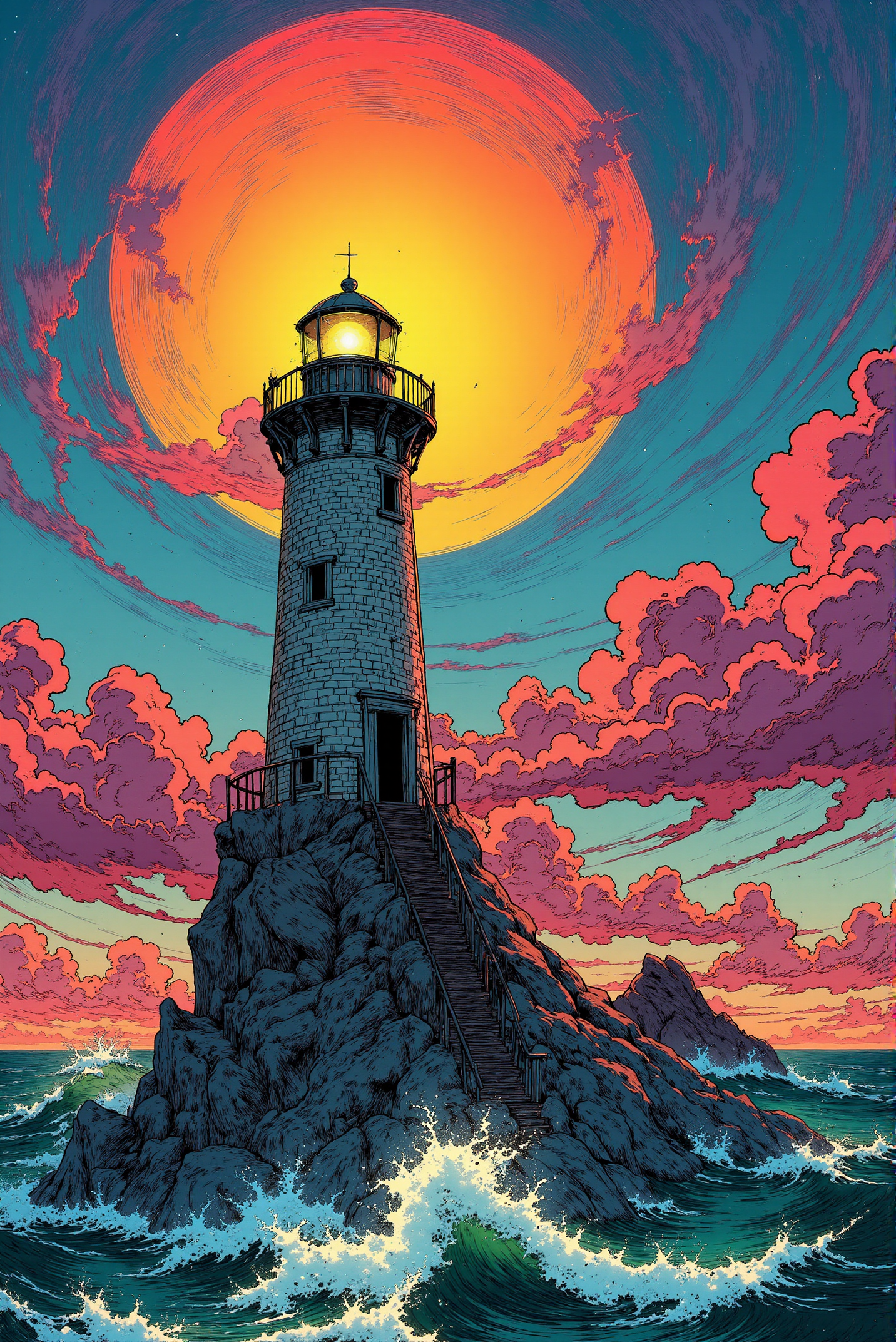 <lora:Vibrantly_sharp_style_v.3:0.8> VibrantlySharp style. A towering lighthouse stands defiantly atop a jagged, wave-battered rock formation, its weathered walls illuminated by the surreal glow of a massive celestial body dominating the sky. The structure is rendered with bold, graphic lines and a semi-realistic, comic-inspired aesthetic, with intricate shading that enhances its sturdy, timeworn appearance. The lighthouse's beacon glows faintly, dwarfed by the cosmic radiance behind it, while a narrow staircase with metal railings winds up the rocky terrain, emphasizing the isolation and grandeur of the structure. The sky is a swirling tempest of clouds, meticulously detailed with layered, curling forms that create a hypnotic vortex effect around the colossal sun or moon. These clouds transition through a stunning palette of warm oranges, deep reds, and soft purples near the luminous core, gradually fading into cooler blues and grays toward the outer edges. The dramatic contrast between the fiery celestial backdrop and the shadowed lower clouds adds immense depth, as if the sky itself is alive, shifting and swirling in a slow, cosmic dance. Below, the ocean churns with raw power, its waves crashing violently against the rocky outcrop, depicted in a stylized blend of sharp, curling foam and dynamic linework. The water's deep blues and teals are accented by whitecaps that spiral into dramatic arcs, while the foreground surf blends into a striking pinkish-red hue, adding an almost surreal, dreamlike quality to the composition. The swirling tide near the rocks forms a mesmerizing whirlpool effect, pulling the viewer's gaze into the chaotic motion of the sea.  The perspective is slightly low-angle, making the lighthouse appear even more imposing against the celestial sky, reinforcing its role as a solitary guardian amidst the endless chaos of nature. The composition is masterfully balanced, with strong, defined contrasts between the structured solidity of the lighthouse and the fluid, expressive movement of the sky and sea. The illustration seamlessly fuses elements of graphic novel stylization, fantasy surrealism, and dynamic environmental storytelling, evoking a sense of wonder, mystery, and quiet resilience against the vast, untamed forces of the universe.