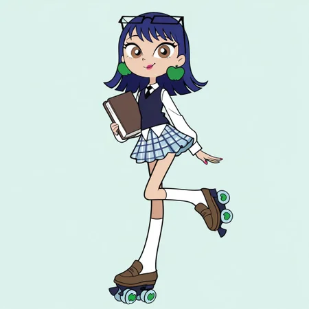 masterpiece, best quality, amazing quality, 
perfect cute face, on model, accurate art style, cartoon screencap, show accurate, uranusmwatgg, 1girl, solo, blue hair, brown eyes, pink lipstick, apple earrings, white shirt, black tie, dark blue vest, blue plaid skirt, white socks, brown roller skates, glasses on head, full body, holding books, looking at viewer, smile, looking at viewer, leg up, simple background 