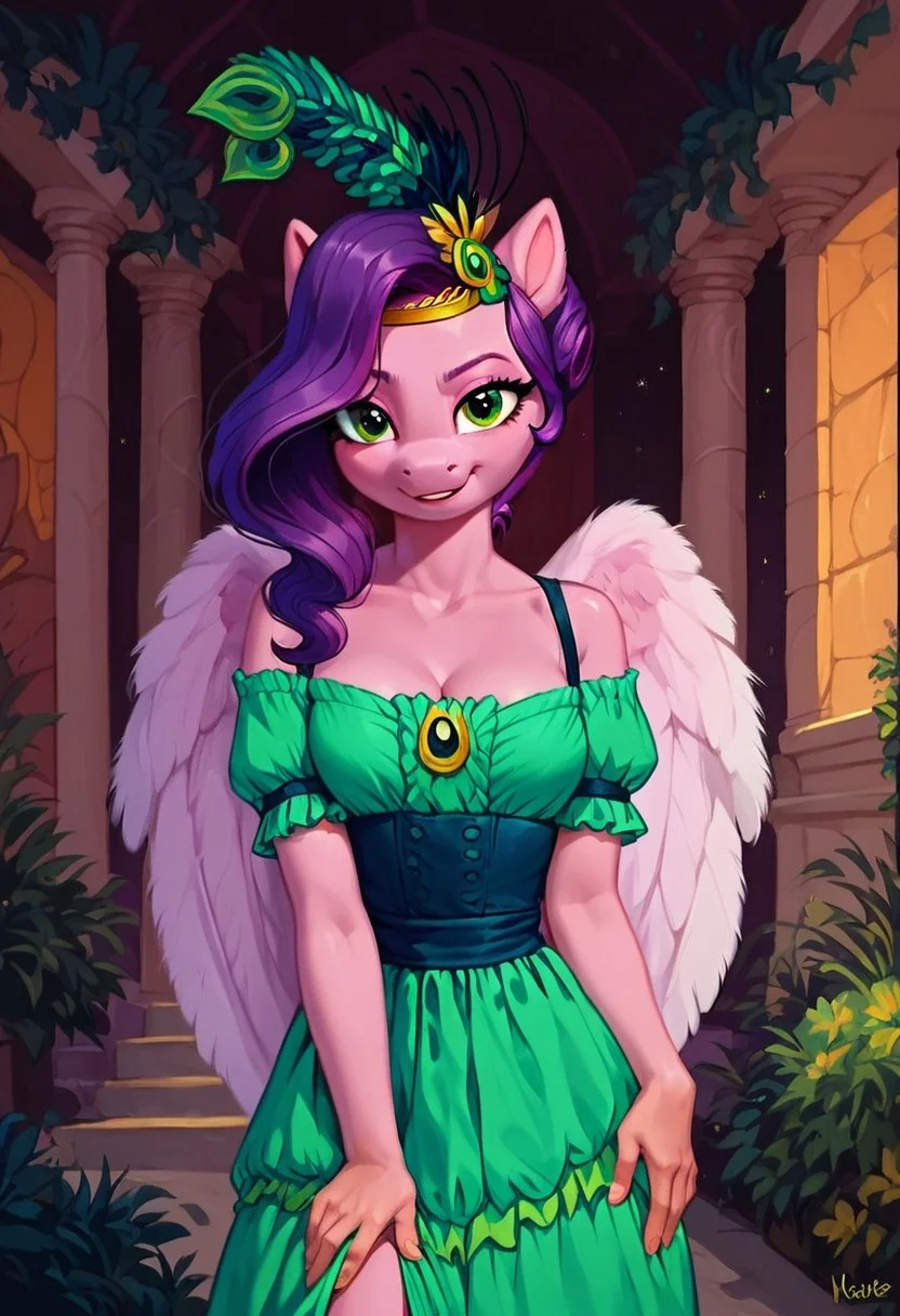 score_9, score_8_up, score_7_up, score_6_up, realistic illustration, dramatic angle, outside, garden, (night), 1girl, solo, Pipp petals, anthro pony, my little pony, 25 yo, tail, petite body, shiny skin, wings, folded wings, medium breasts, makeup, eye shadow, standing, looking at you, inviting pose, inviting look, extended arm, dramatic angle, beautiful dress resembling peacock feathers in green and turquoise tones, head decoration with feathers and an additional flowe